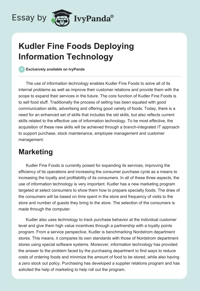 Kudler Fine Foods Deploying Information Technology. Page 1