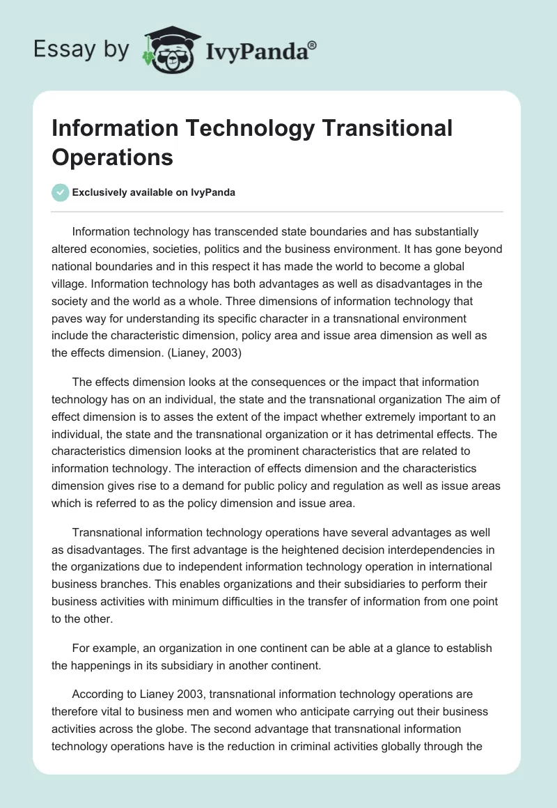 Information Technology Transitional Operations. Page 1