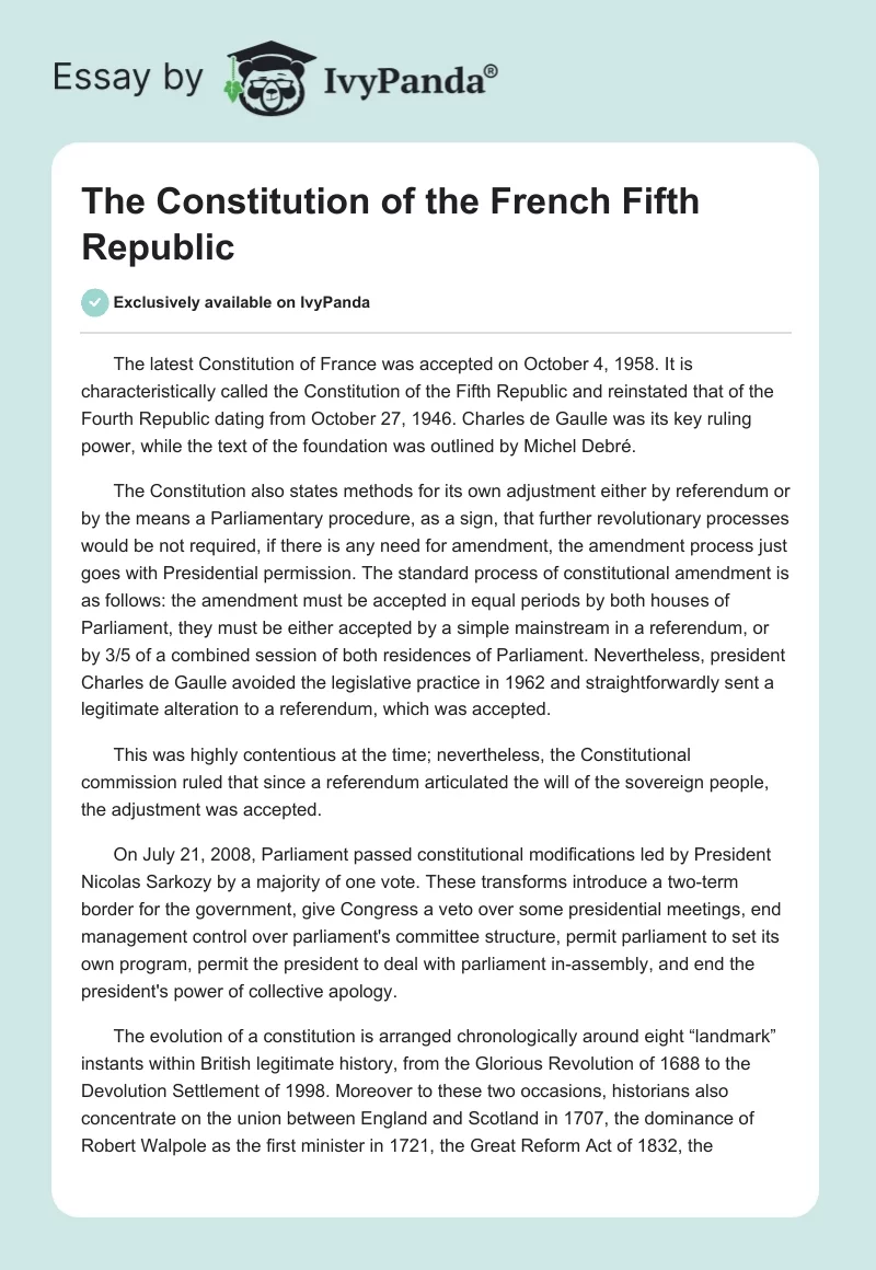 The Constitution of the French Fifth Republic. Page 1