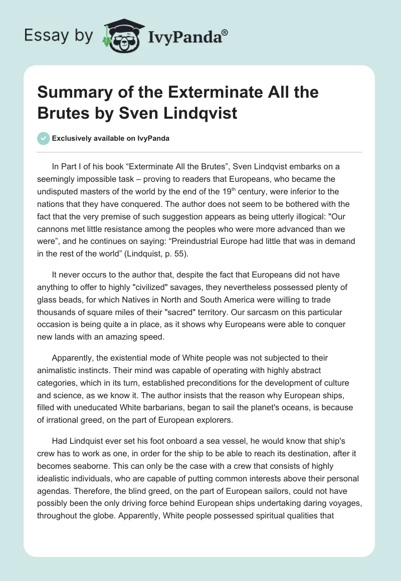 Summary of the "Exterminate All the Brutes" by Sven Lindqvist. Page 1