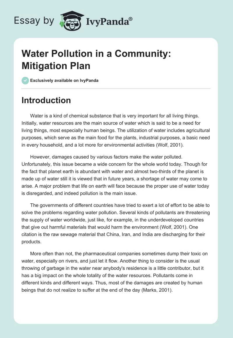 Water Pollution in a Community: Mitigation Plan. Page 1