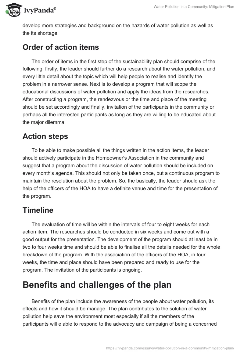 Water Pollution in a Community: Mitigation Plan. Page 4