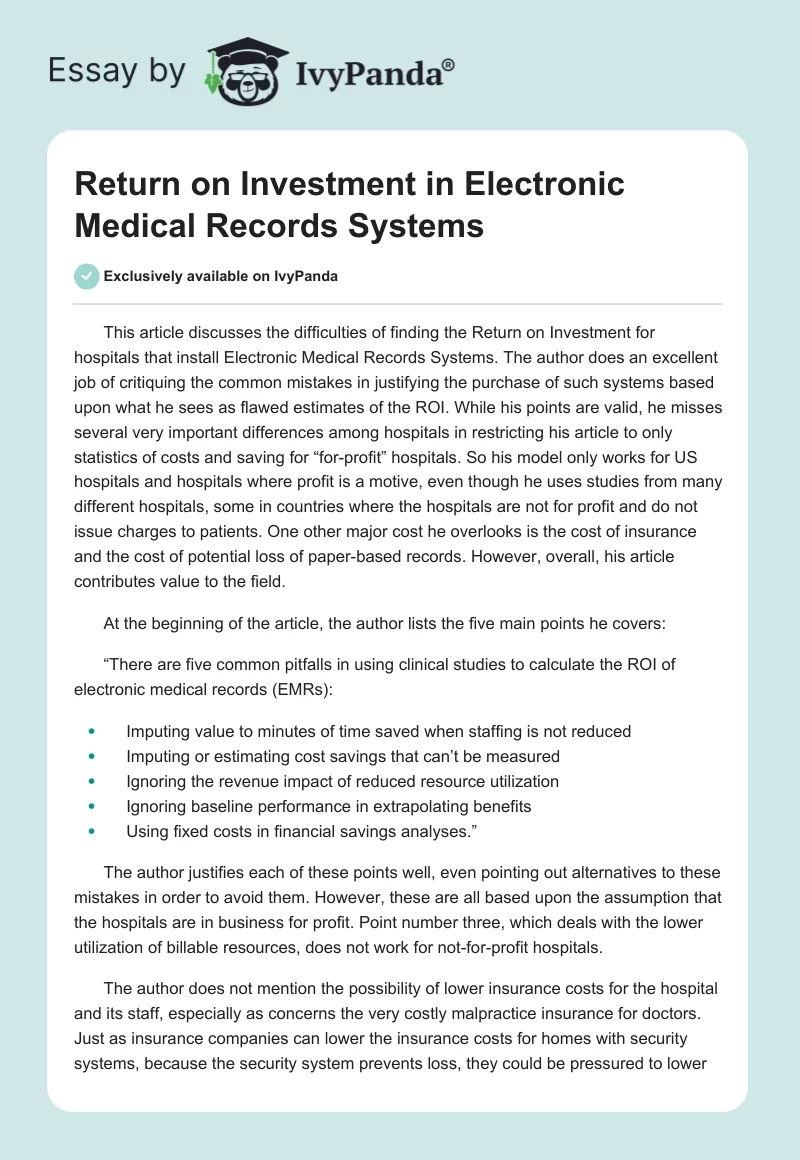 Return on Investment in Electronic Medical Records Systems. Page 1