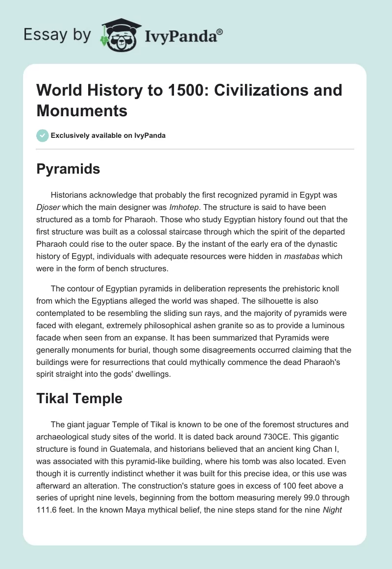 World History to 1500: Civilizations and Monuments. Page 1