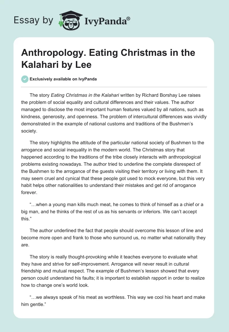 Anthropology. Eating Christmas in the Kalahari by Lee. Page 1