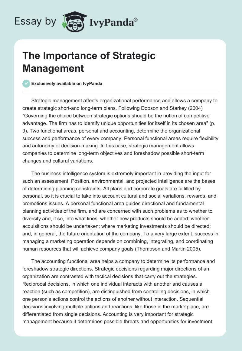 The Importance of Strategic Management. Page 1