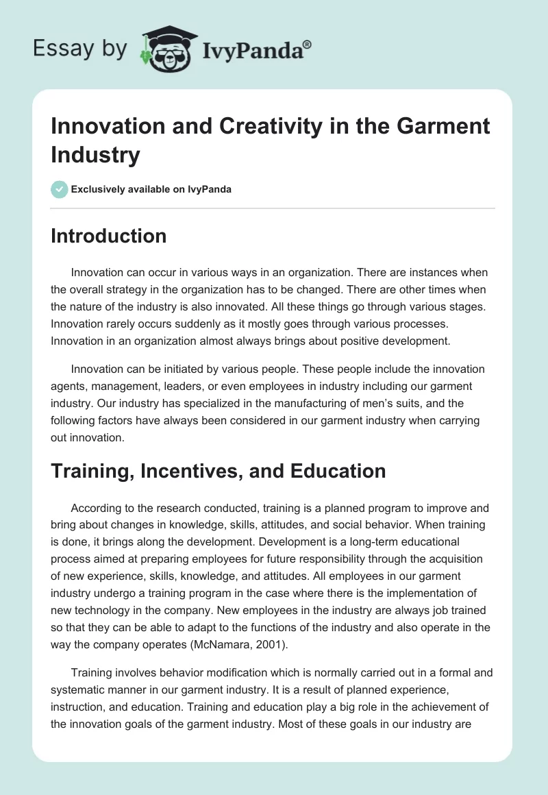 Innovation and Creativity in the Garment Industry. Page 1