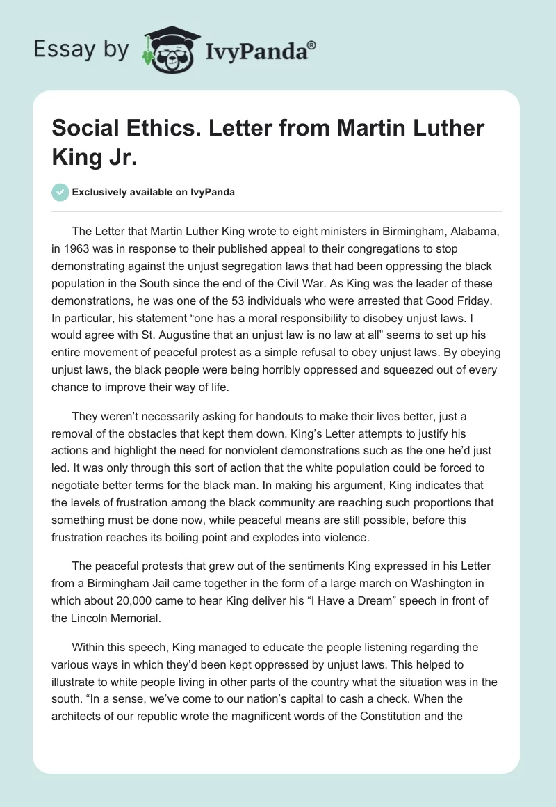 Social Ethics. Letter from Martin Luther King Jr.. Page 1