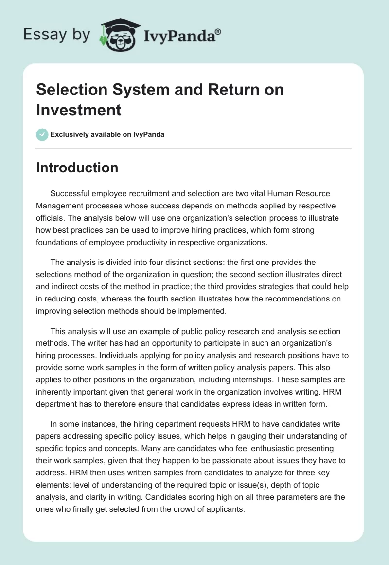 Selection System and Return on Investment. Page 1