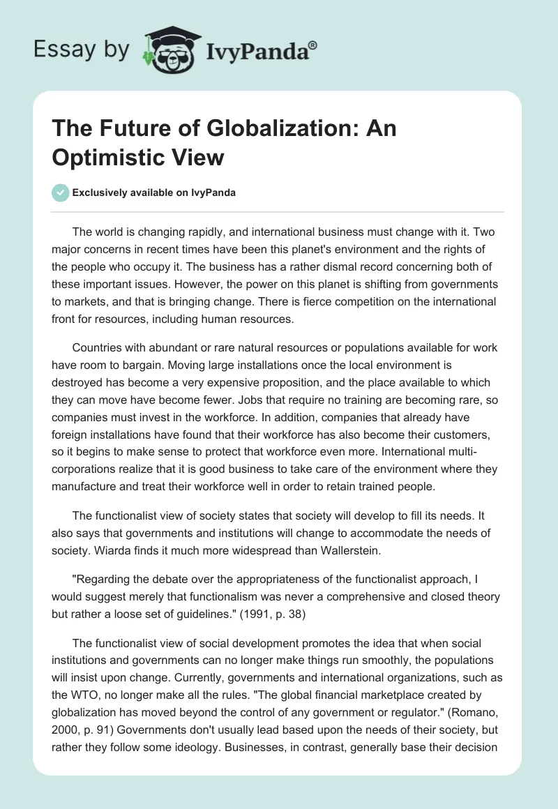 The Future of Globalization: An Optimistic View. Page 1