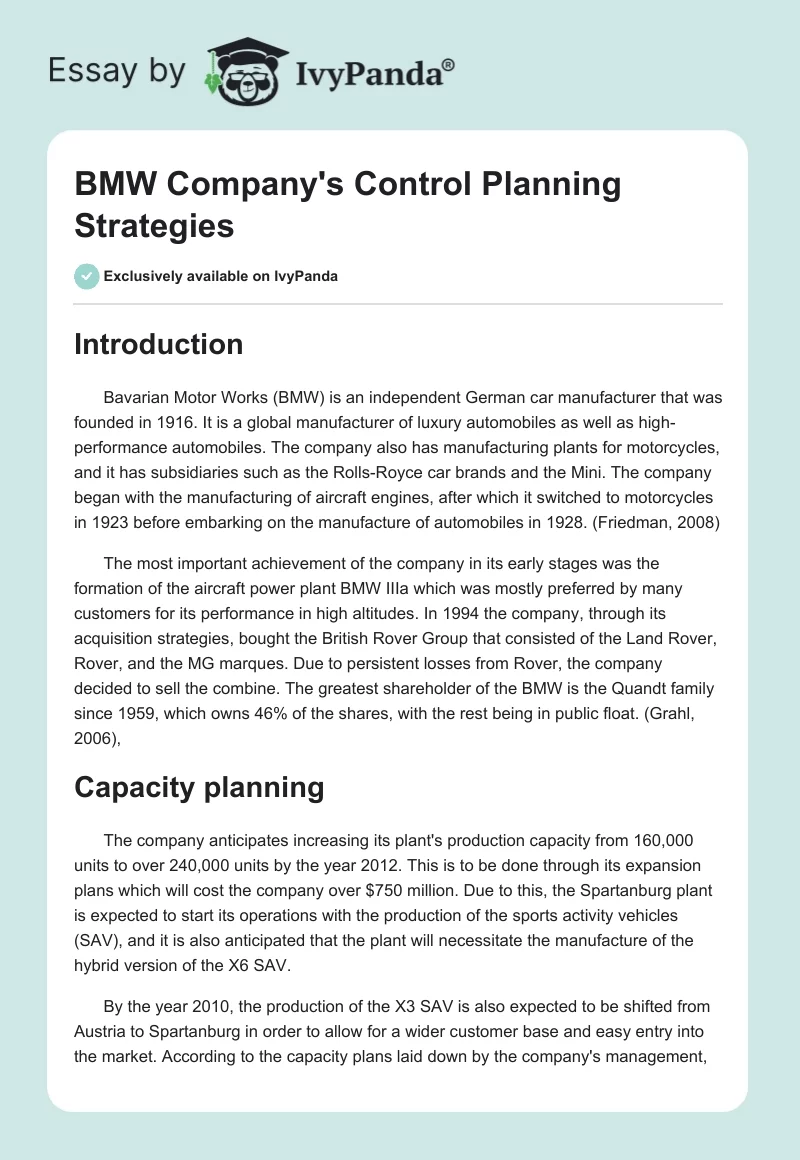 BMW Company's Control Planning Strategies. Page 1