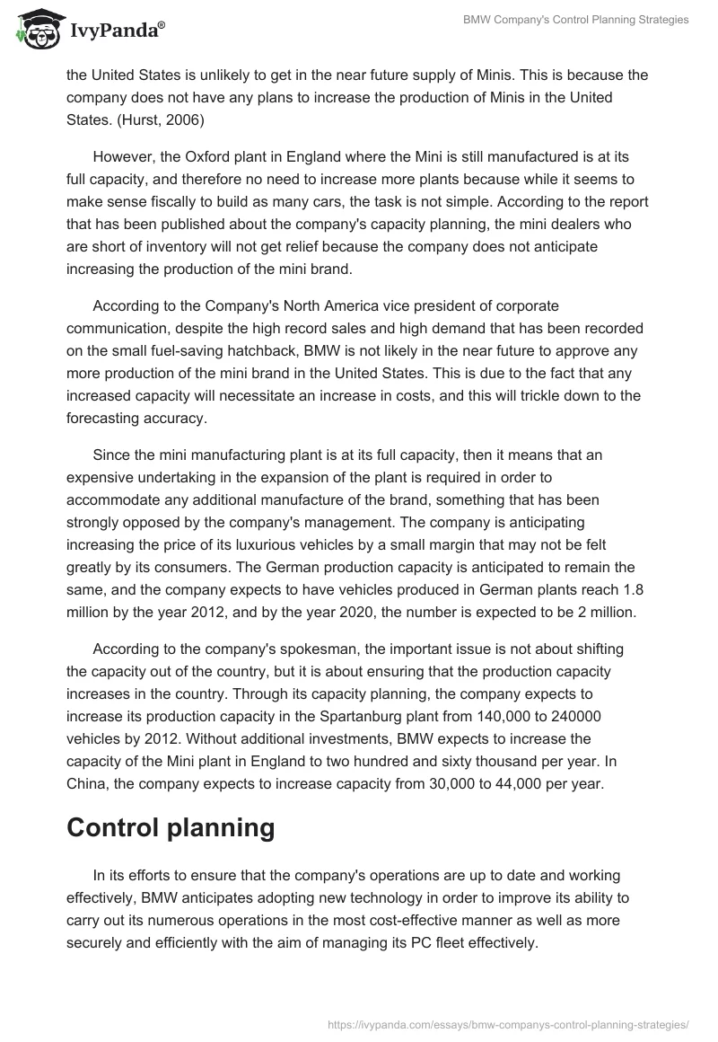 BMW Company's Control Planning Strategies. Page 2