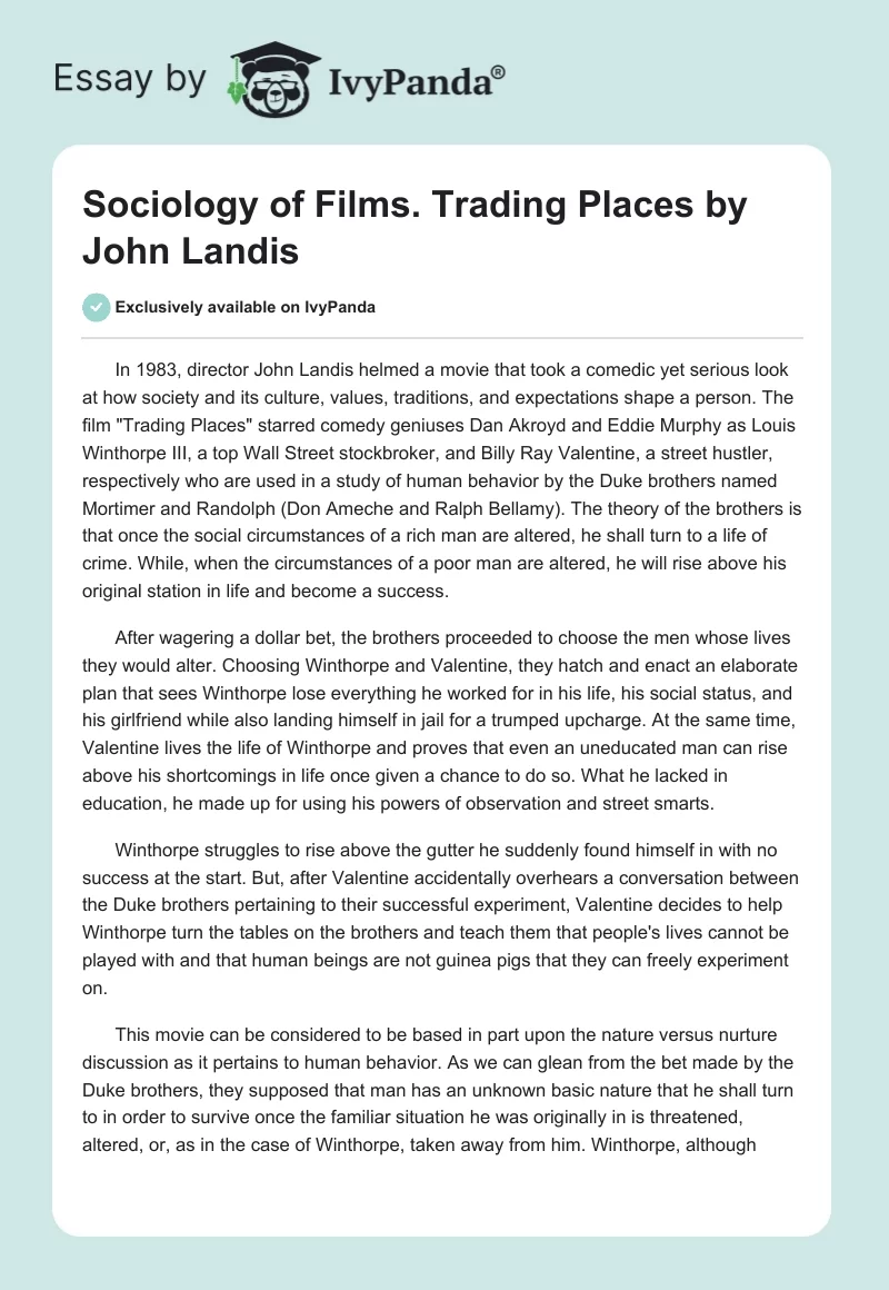 Sociology of Films. "Trading Places" by John Landis. Page 1
