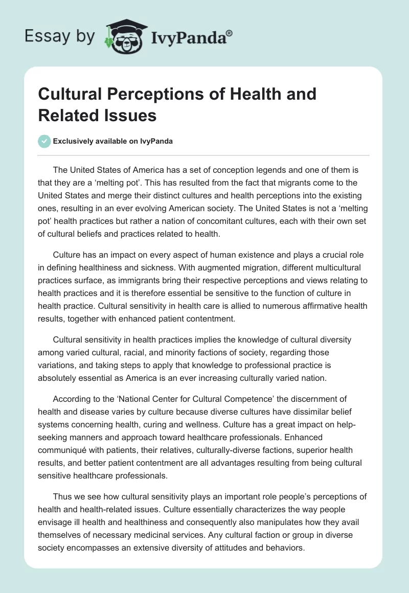 Cultural Perceptions of Health and Related Issues. Page 1
