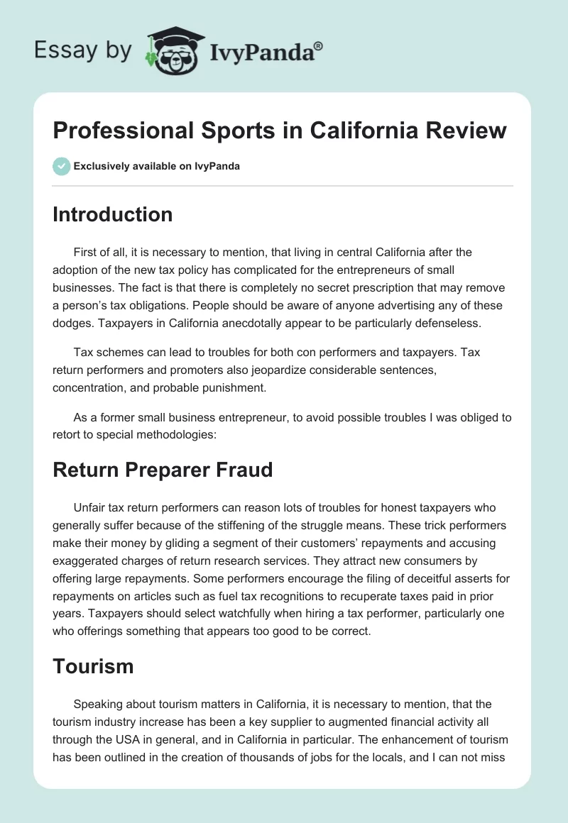Professional Sports in California Review. Page 1