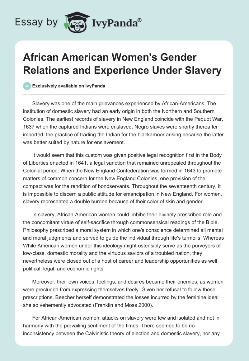 African American Women's Gender Relations and Experience Under Slavery. Page 1