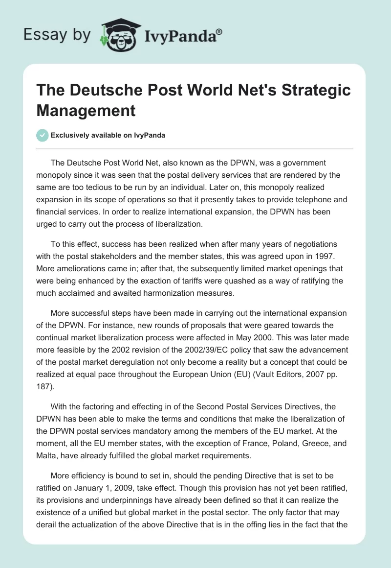The Deutsche Post World Net's Strategic Management. Page 1