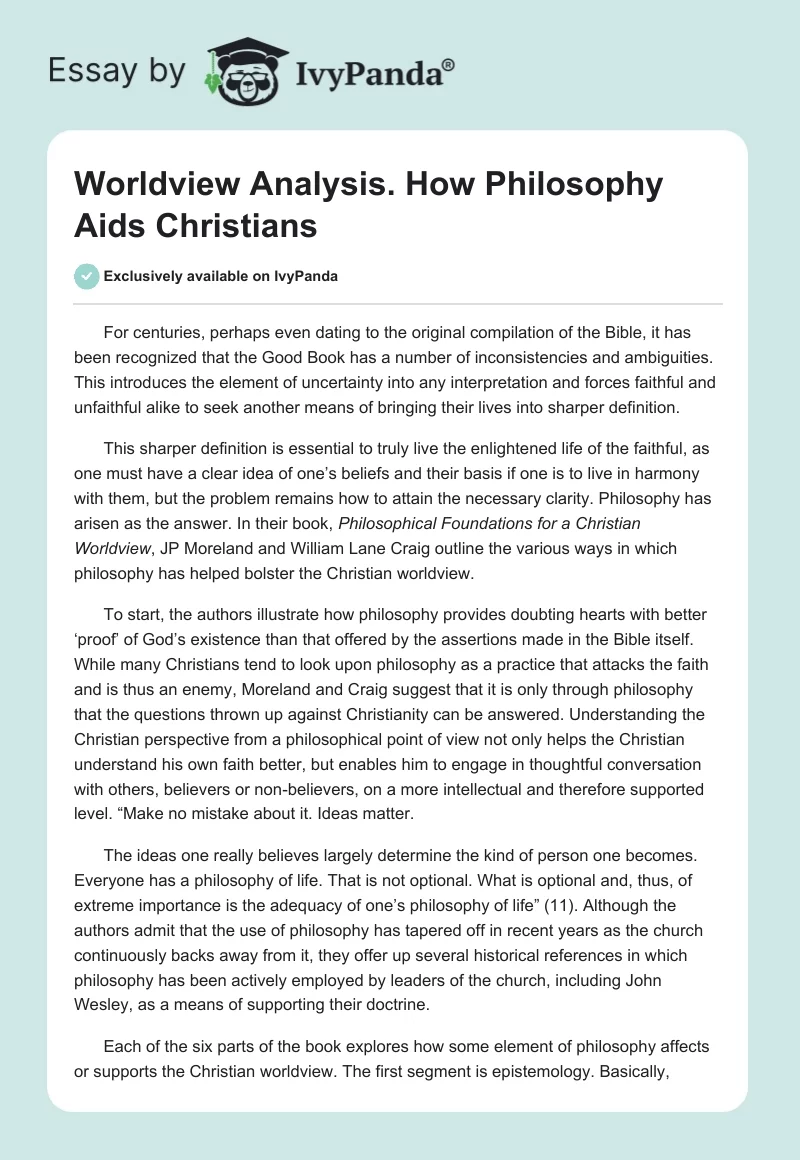 Worldview Analysis. How Philosophy Aids Christians. Page 1
