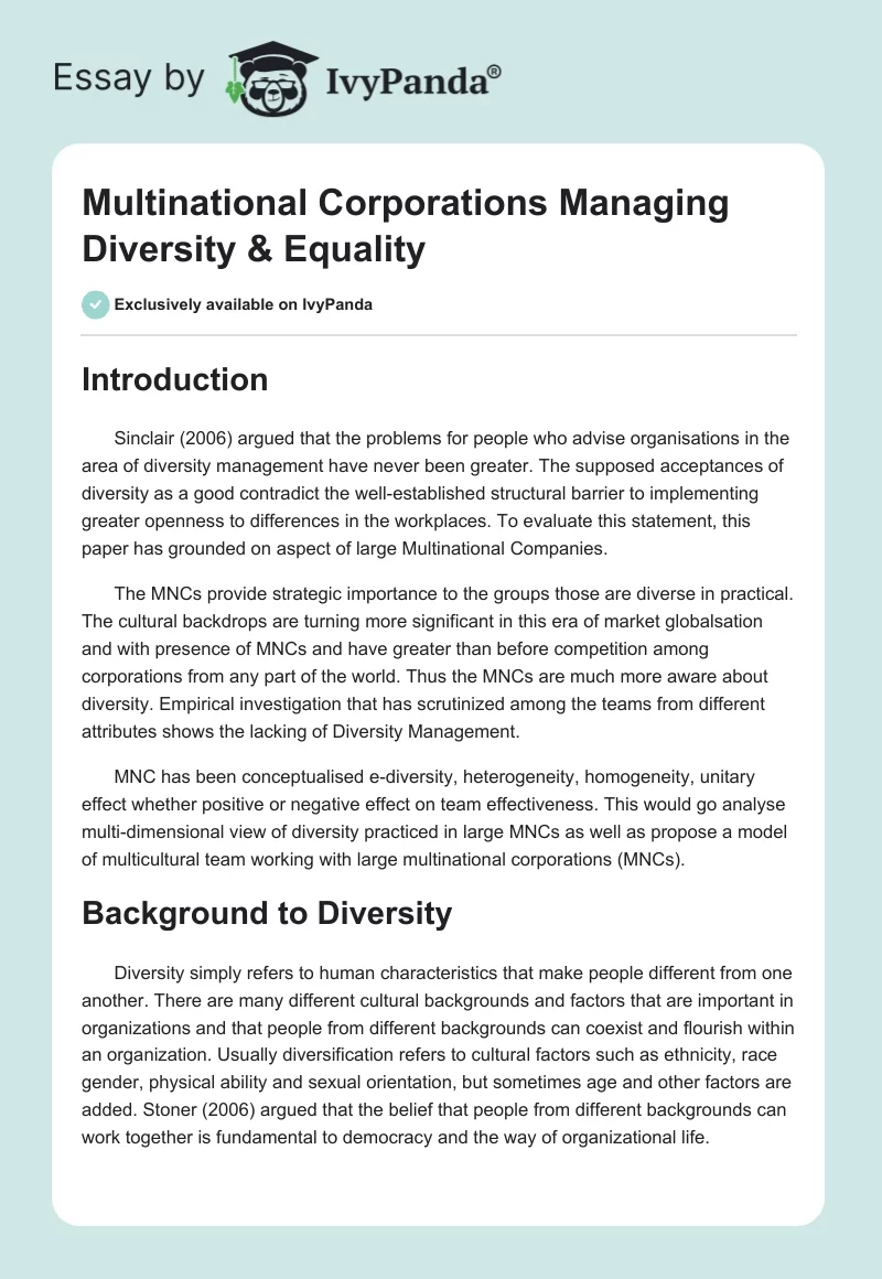 Multinational Corporations Managing Diversity & Equality. Page 1