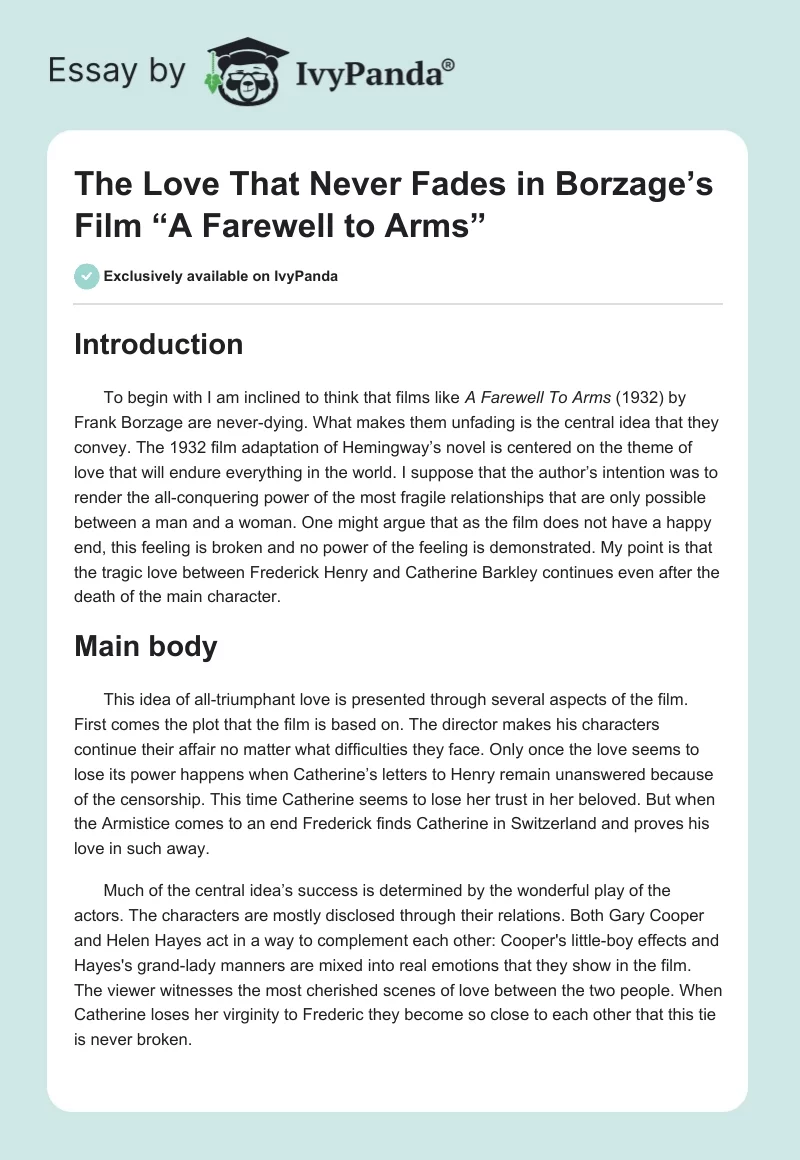 The Love That Never Fades in Borzage’s Film “A Farewell to Arms”. Page 1