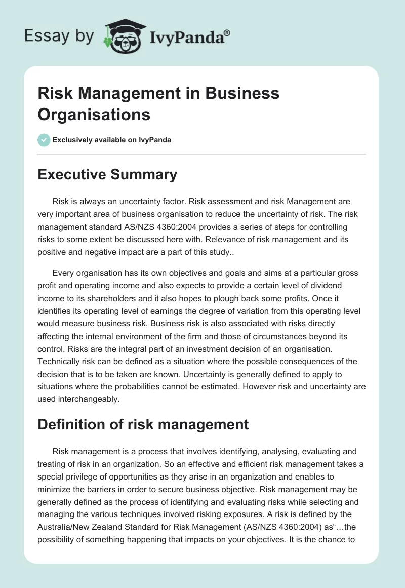 Risk Management in Business Organisations. Page 1