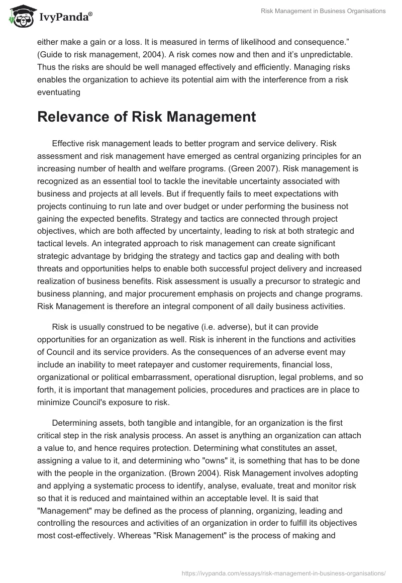 Risk Management in Business Organisations. Page 2