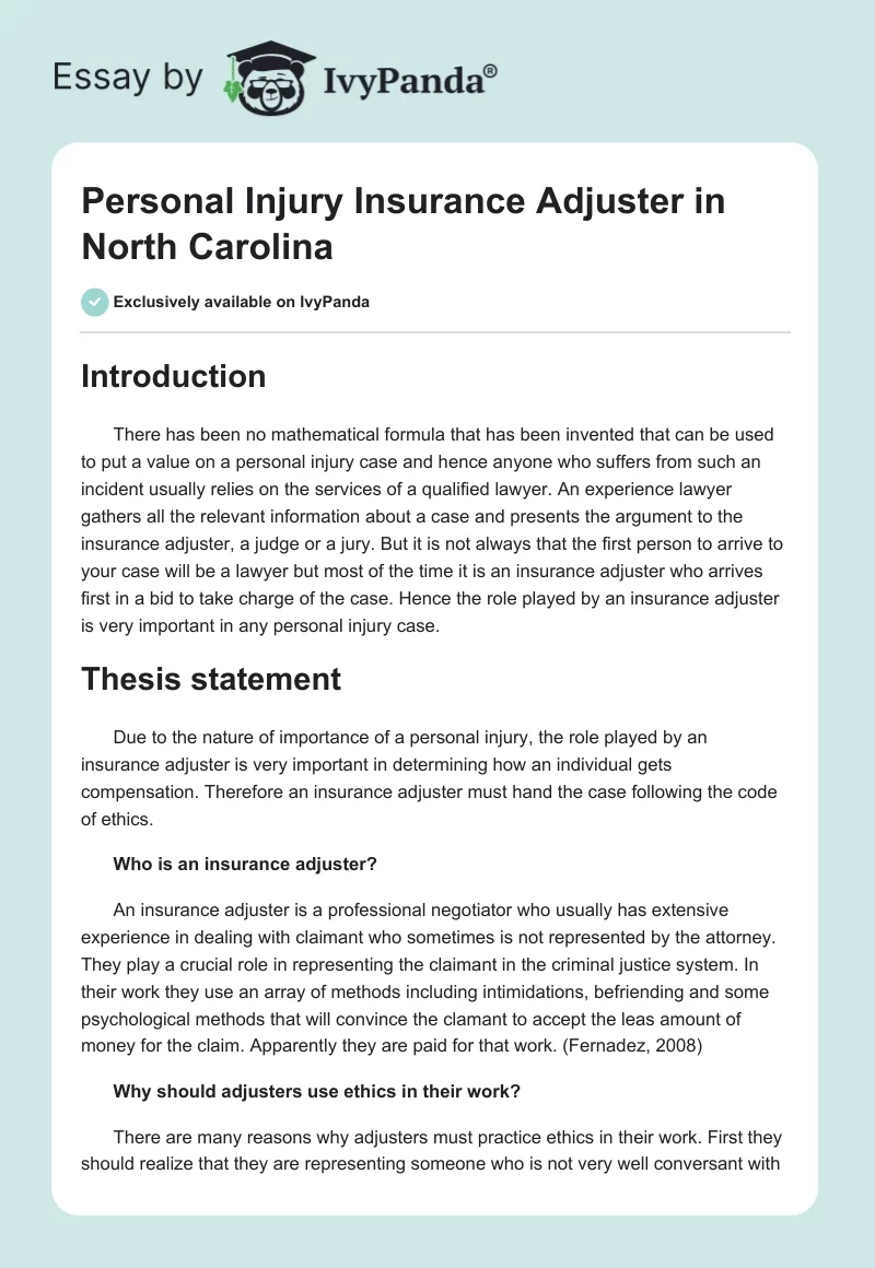 Personal Injury Insurance Adjuster in North Carolina. Page 1