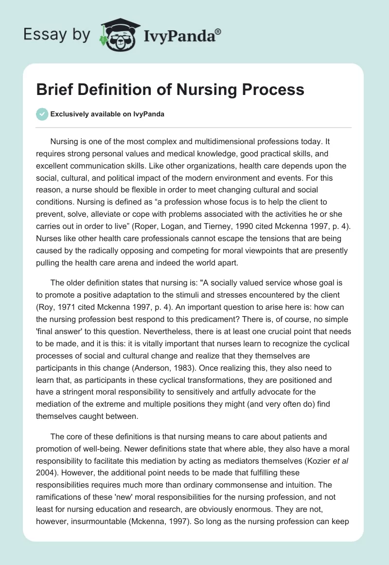 Brief Definition of Nursing Process. Page 1