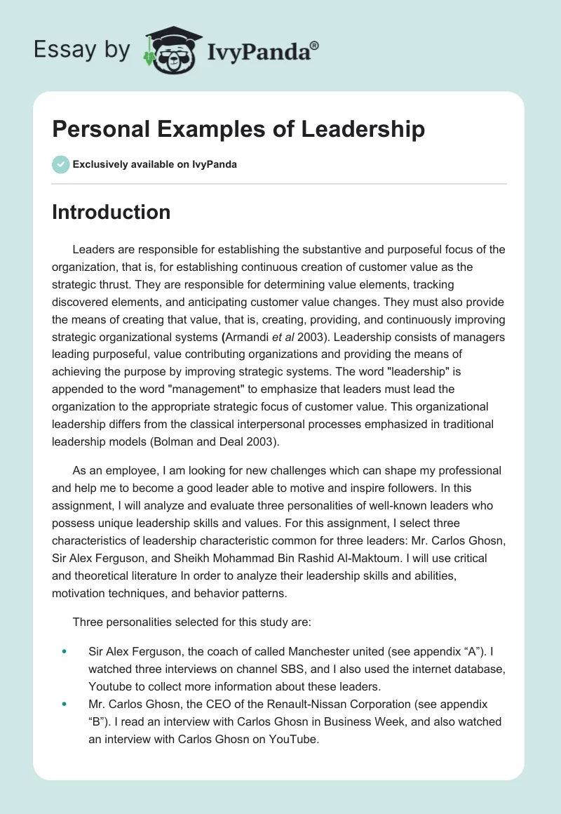 Personal Examples of Leadership. Page 1