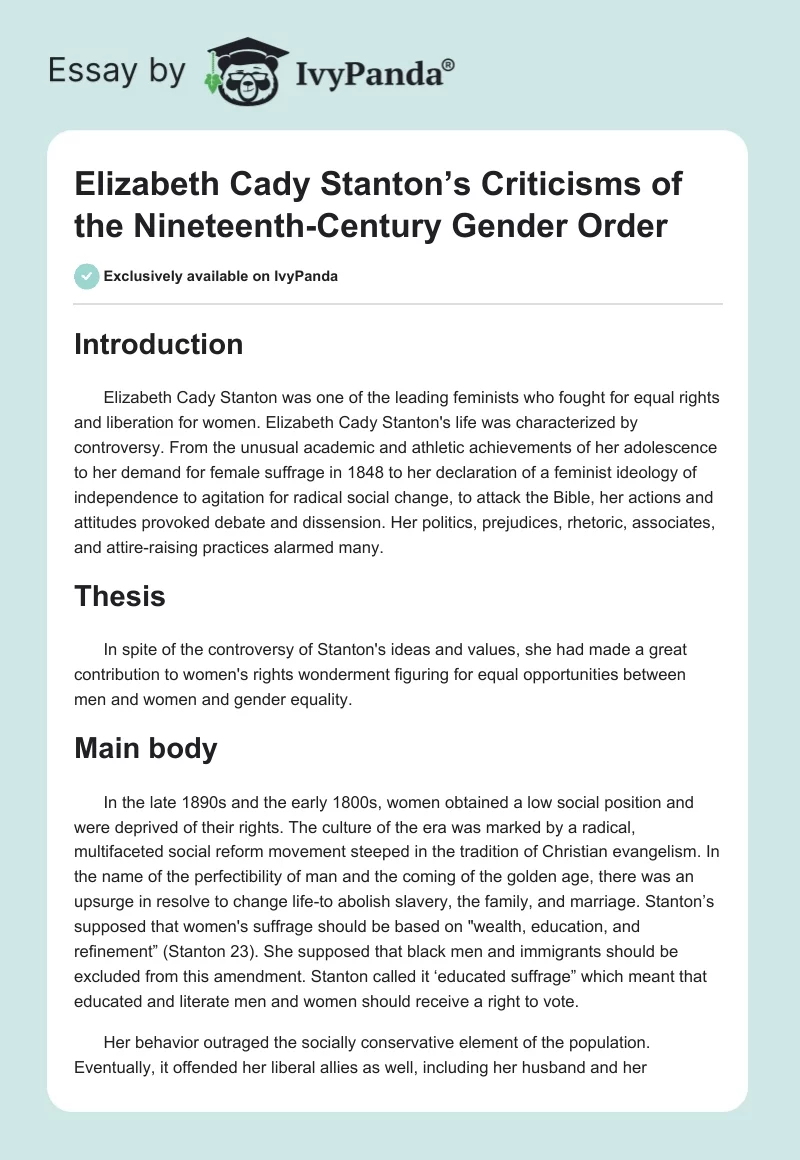 Elizabeth Cady Stanton’s Criticisms of the Nineteenth-Century Gender Order. Page 1