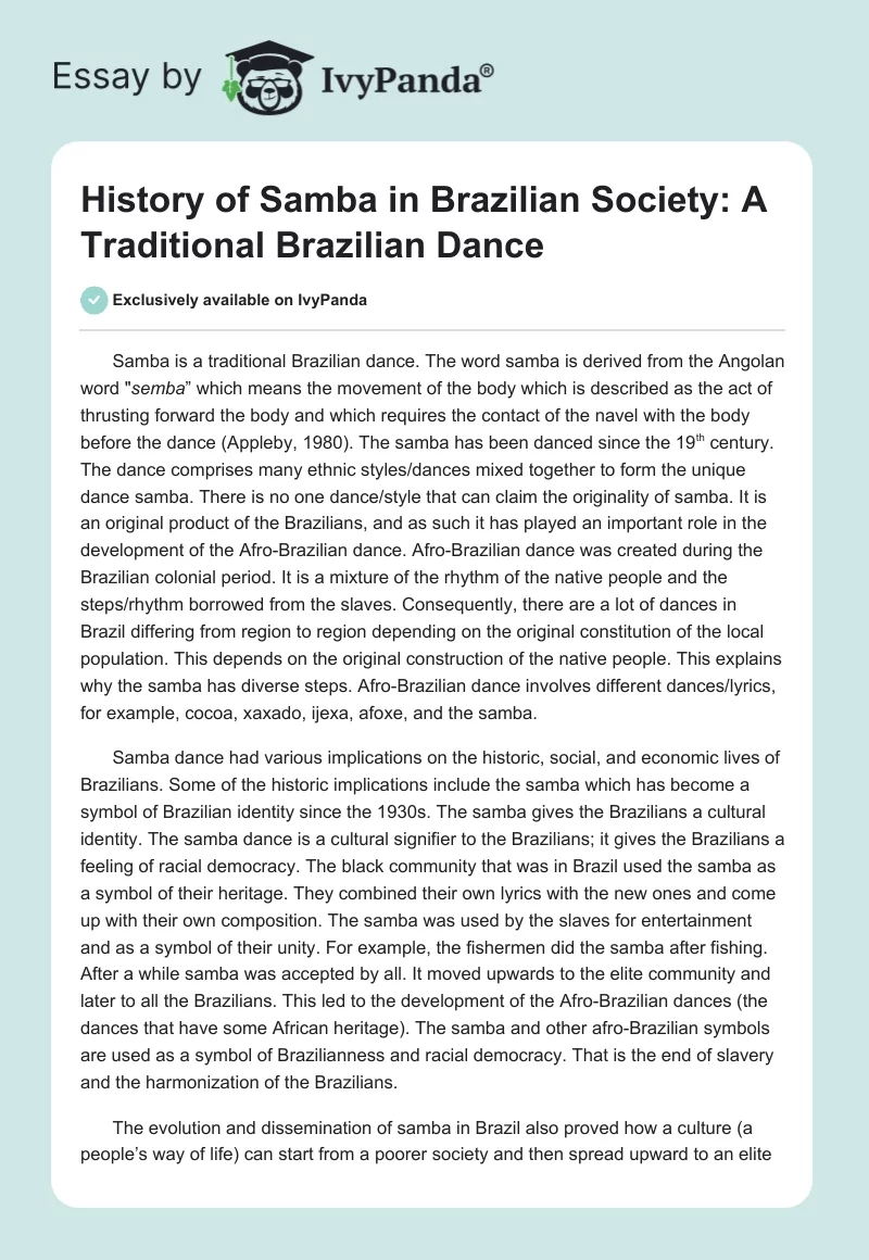 History of Samba in Brazilian Society: A Traditional Brazilian Dance. Page 1
