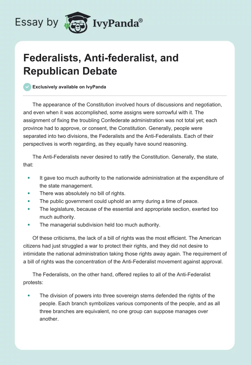 Federalists, Anti-federalist, and Republican Debate. Page 1