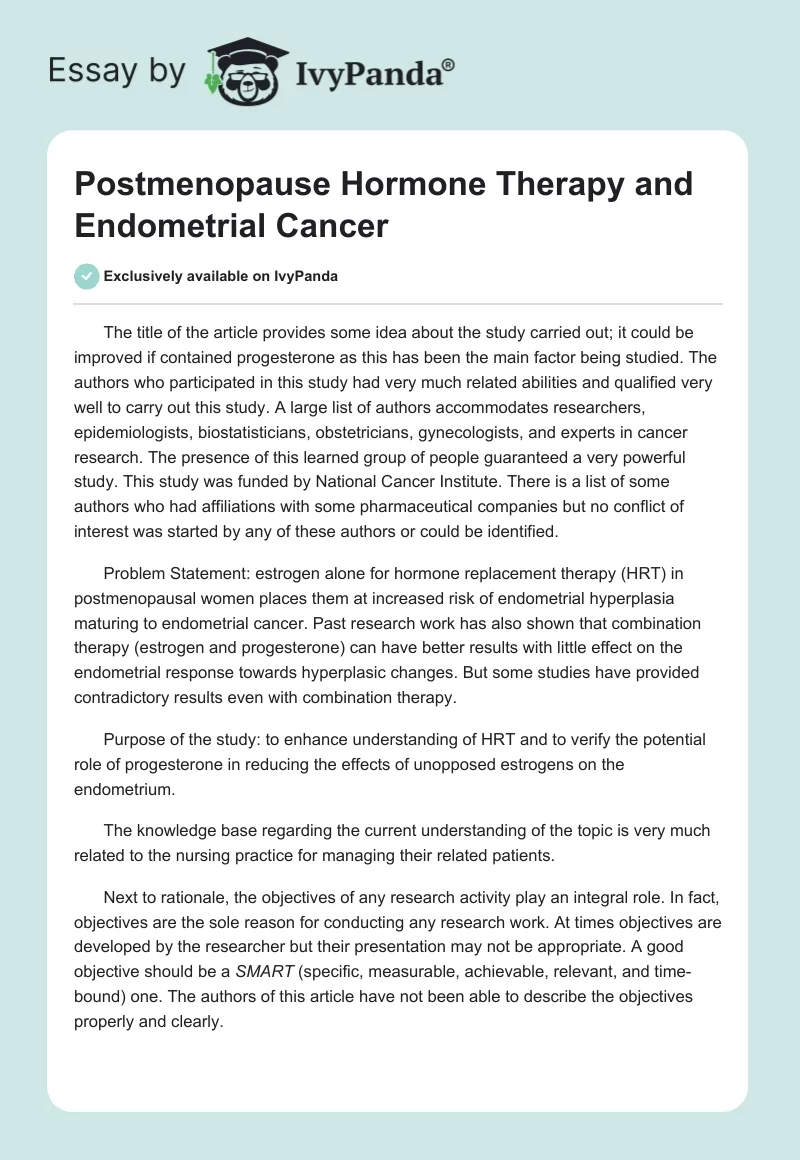 Postmenopause Hormone Therapy and Endometrial Cancer. Page 1