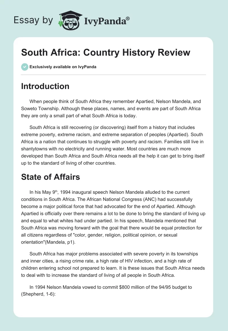 South Africa: Country History Review. Page 1