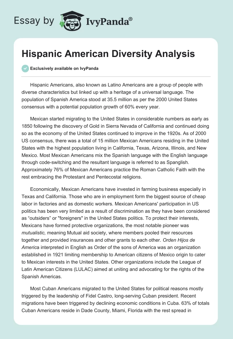 Hispanic American Diversity Analysis. Page 1