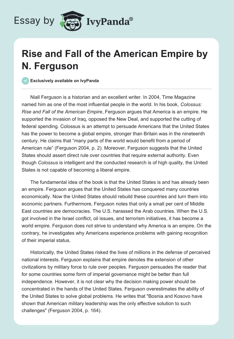 "Rise and Fall of the American Empire" by N. Ferguson. Page 1