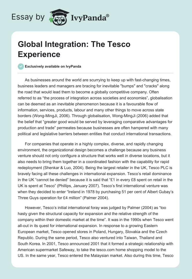 Global Integration: The Tesco Experience. Page 1
