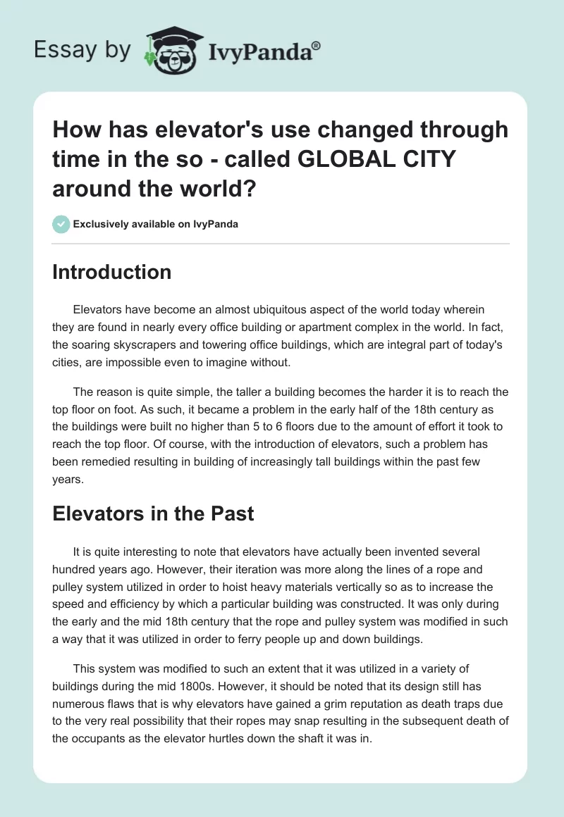 How has elevator's use changed through time in the so - called "GLOBAL CITY" around the world?. Page 1