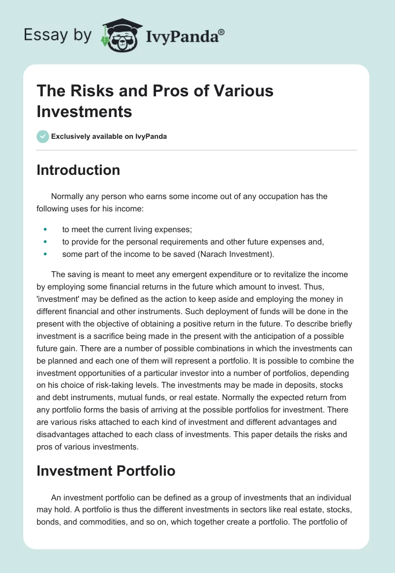 The Risks and Pros of Various Investments. Page 1