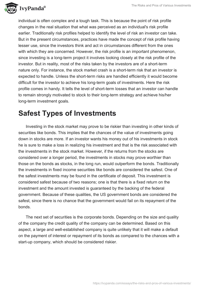 The Risks and Pros of Various Investments. Page 5