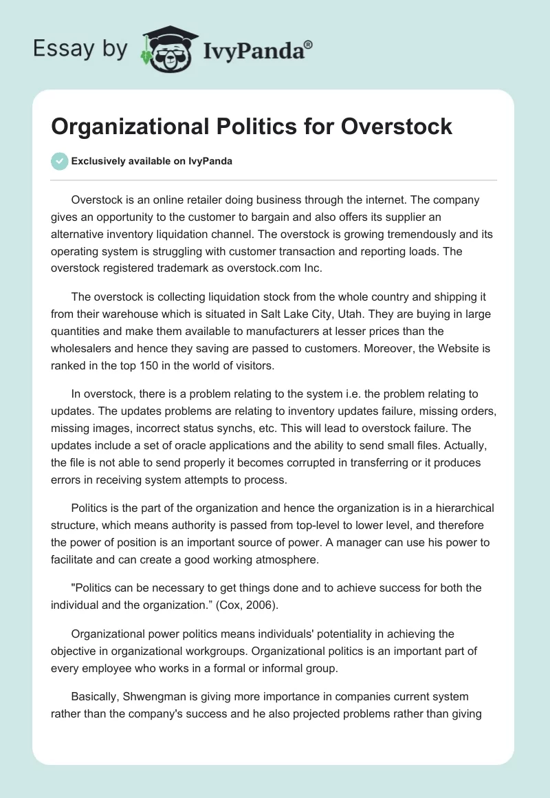 Organizational Politics for Overstock. Page 1