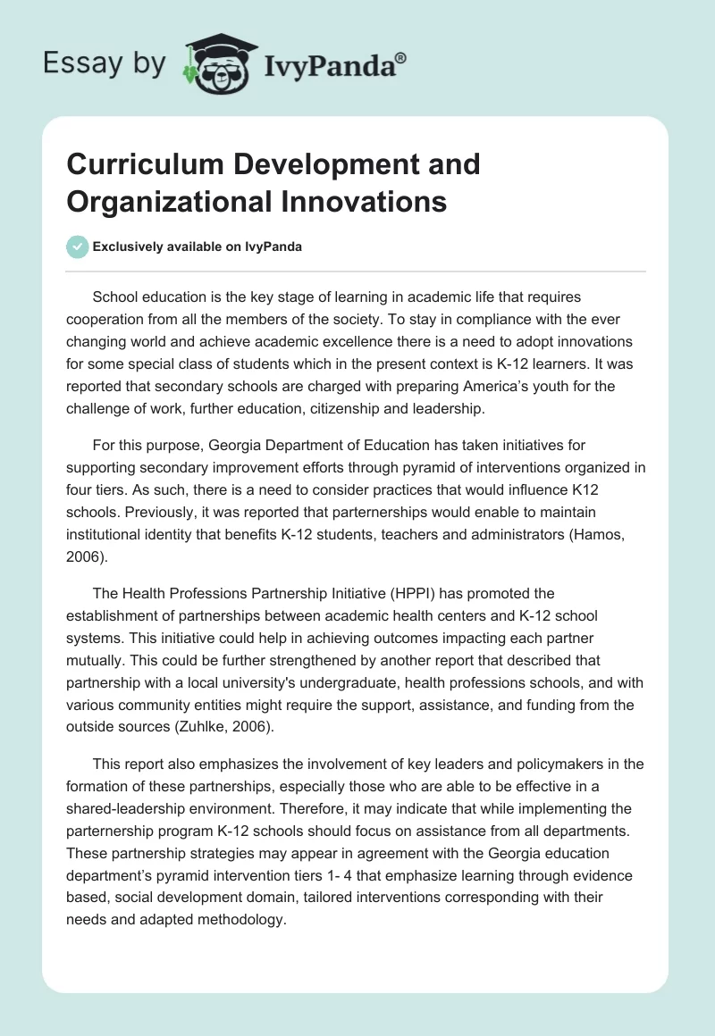 Curriculum Development and Organizational Innovations. Page 1