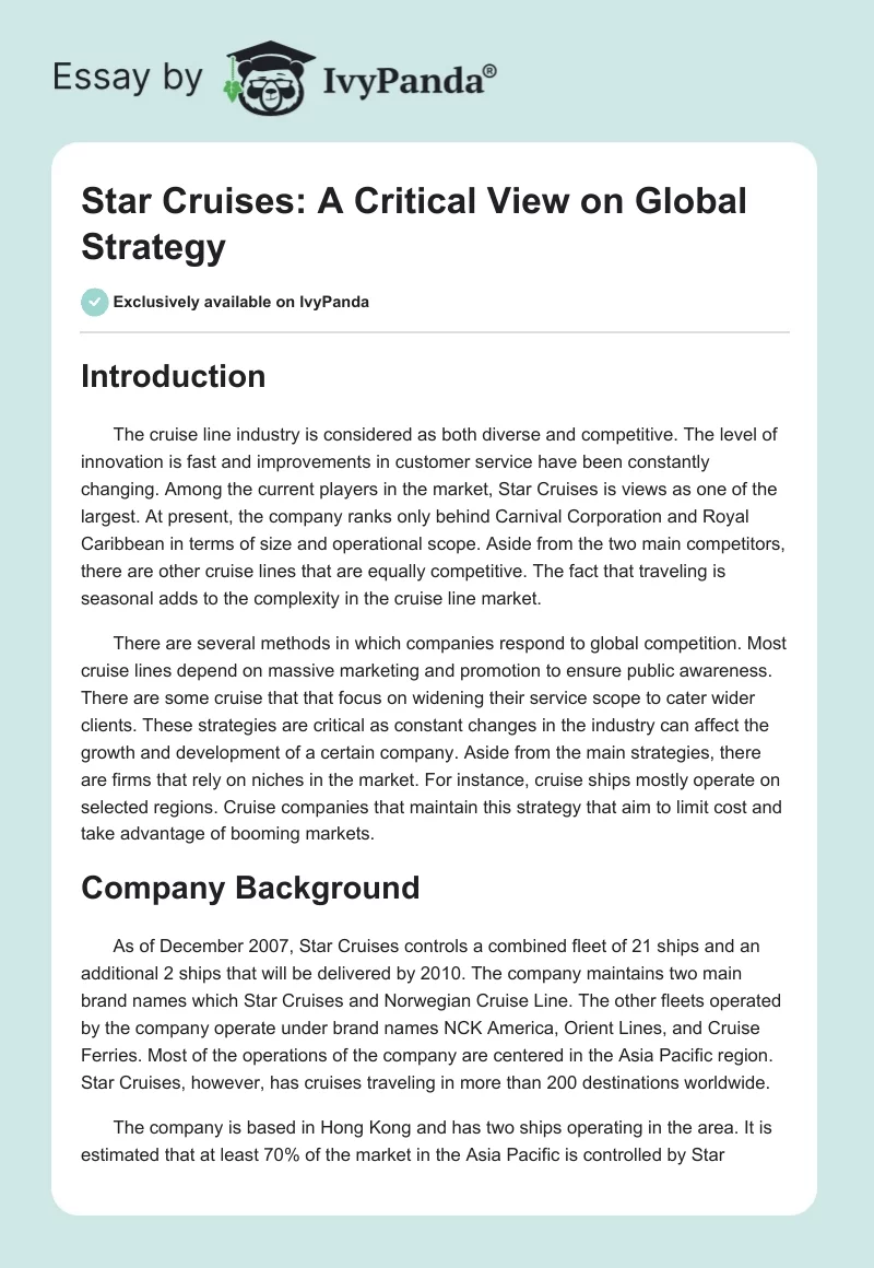 Star Cruises: A Critical View on Global Strategy. Page 1