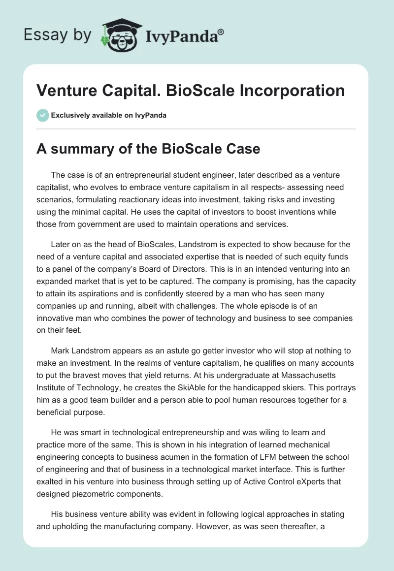 Venture Capital. BioScale Incorporation. Page 1