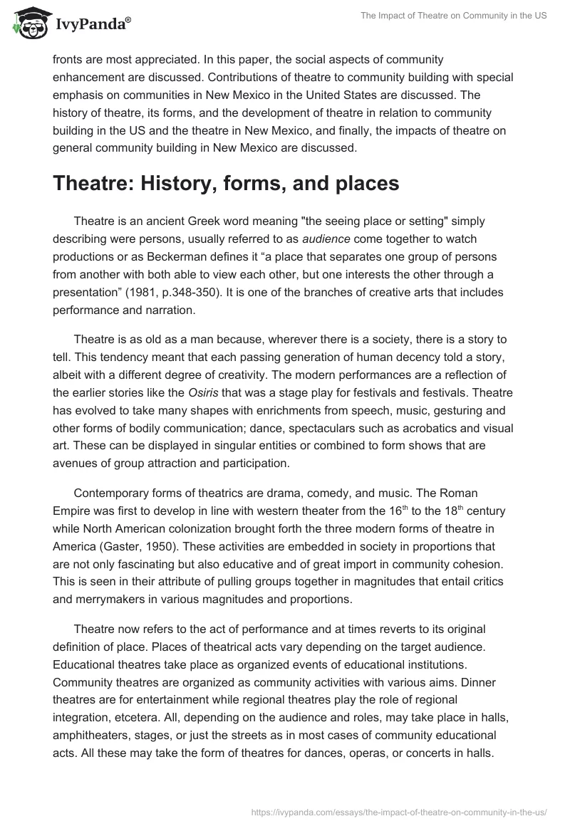 The Impact of Theatre on Community in the US. Page 2