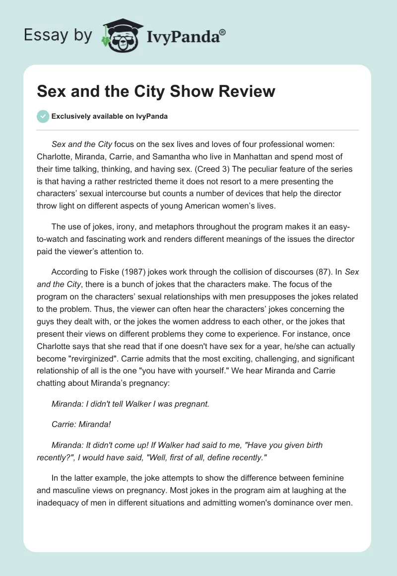 Sex and the City Show Review. Page 1