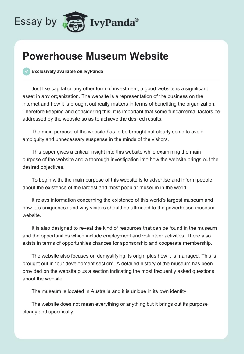 Powerhouse Museum Website. Page 1