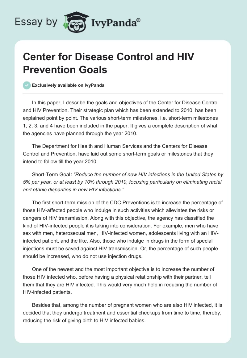 Center for Disease Control and HIV Prevention Goals. Page 1