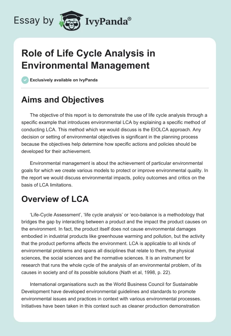 Role of Life Cycle Analysis in Environmental Management. Page 1