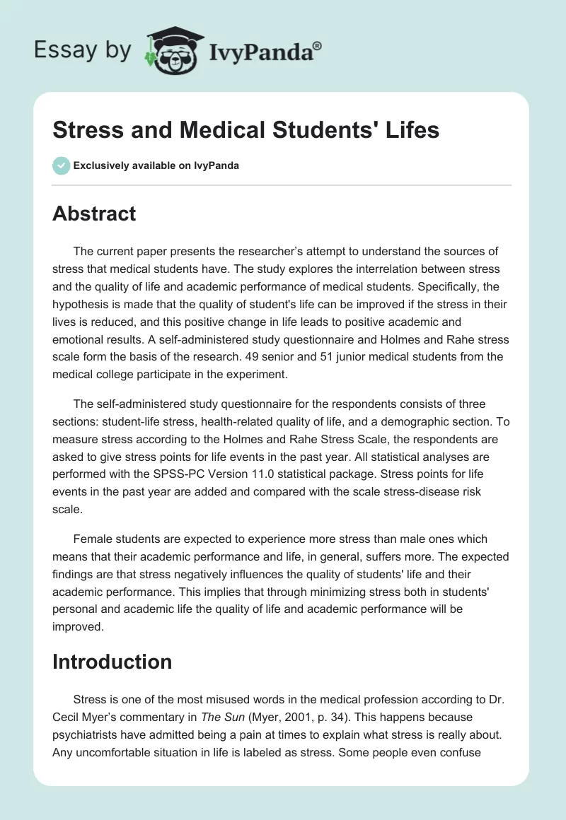 Stress and Medical Students' Lifes. Page 1